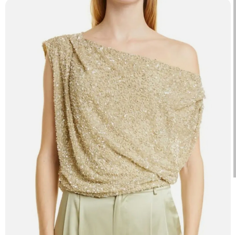 Retrofete Gold One-Shoulder Sequin Drape Top